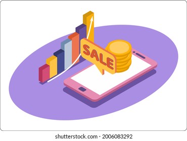 Phone mockup and discount button. Sales are increasing graph. Online sales and payments using a smartphone. Popular flat colors. Isomeric 3D vector illustration.