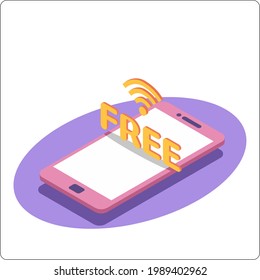Phone mockup and free wi-fi. 3d inscription wi-fi. 3d isometric vector illustration.
