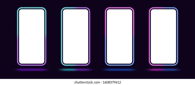 Phone mockup with gradient neon border. Modern set of phone templates with creative duotone neon frame. Mobile screen mock up, copy space for UI interface design. Vector illustration