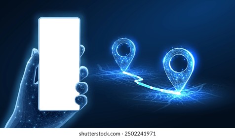 Maqueta de teléfono en mano y pines conectados. App móvil del teléfono, perseguidor del GPS, ubicación geográfica, ruta de Uber, puntero del perno, Plan de la navegación, búsqueda en línea, concepto del servicio del App del taxi.