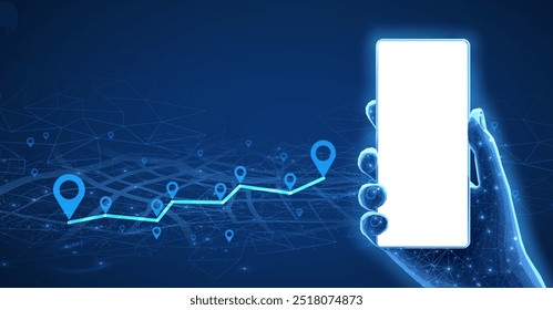 Maqueta de teléfono en mano y pines conectados. App móvil del teléfono, perseguidor del GPS, ubicación geográfica, ruta de Uber, puntero del perno, Plan de la navegación, búsqueda en línea, concepto del servicio del App del taxi.