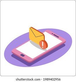 Phone mockup and Important mail message. Alert notification.  3d isometric vector illustration.