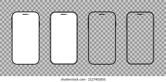 Phone mockup isolated on transparent background. Smart mobile phone with black screen. Outline smartphone icons. Mock up with line frame. Blank devices. Vector.