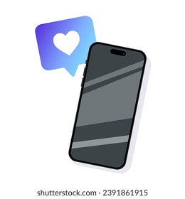Phone mockup with like. Smartphone screen with heart. Isolated phone screen layout. Message bubble with heart. Vector icon