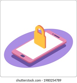 Phone mockup and lock. Locked phone. 3d isometric vector illustration.