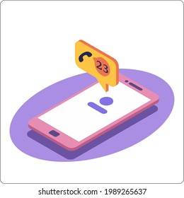 Phone mockup and miss call notification. Missed call notification. 3d isometric vector illustration.	