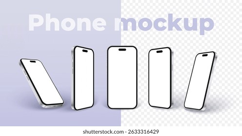 Phone mockup set in 3d style isolated on transparent png background. Realistic silver grey smartphone in different angles view with shadow for ui ux app presentation. Realistic 3d vector mobile phone.