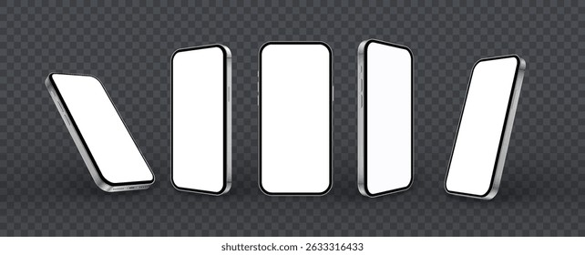 Phone mockup set in 3d style isolated on transparent png background. Realistic silver grey smartphone in different angles view with shadow for ui ux app presentation. Realistic 3d vector mobile phone.