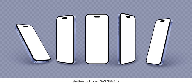 Phone mockup set in 3d style isolated on transparent background. Realistic titanium purple smartphone in different angles view with shadow for ui ux app presentation. Realistic 3d vector mobile phone.