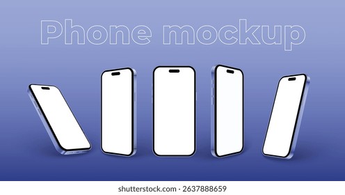 Phone mockup set in 3d style isolated on purple background. Realistic titanium purple smartphone in different angles view with shadow for ui ux app presentation. Realistic 3d vector mobile phone.
