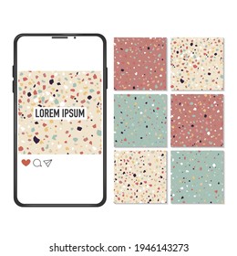 Phone mockup and set with templates for social media resources. Vector illustration. Story and post, internet communication, web. Marble chips. Terrazzo flooring seamless pattern. Decorative texture. 