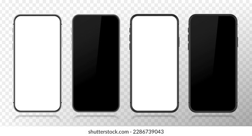 Phone mockup for visual demonstration of the user interface application on a white background. Vector mobile device concept. High quality realistic trendy borderless smartphone with blank white screen