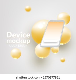 Phone mockup with voluminous orange balls on an white background. Fashionable design. Vector.