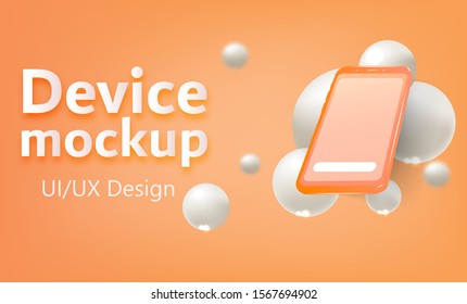 Phone mockup with voluminous white balls on an orange background. Fashionable design. Vector.