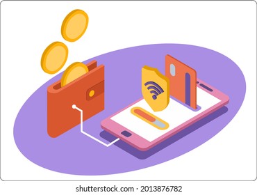 Phone mockup and wallet. Cashless secure payment. Transfer of cash to the card.  Popular flat colors. 3d isometric vector illustration.