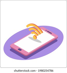 Phone mockup and wi fi. Communication between wireless devices. 3d isometric vector illustration.
