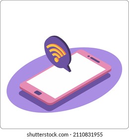 Phone mockup and wi-fi notification. 3d isometric vector illustration. Popular flat colors.