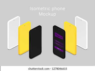 Phone Mockups isometric minimalist style. Mobile phones with awesome customization features. Electronic gadgets isolated.