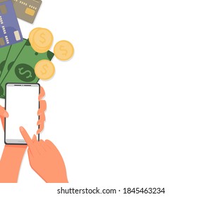 Phone, money, bank cards on a white background. Concept: money transfer from card to card through the application in the phone. Vector illustration, multicolored flat design, isolated, eps 10.
