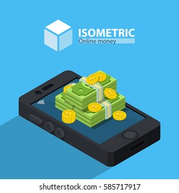 Phone with money. isometric