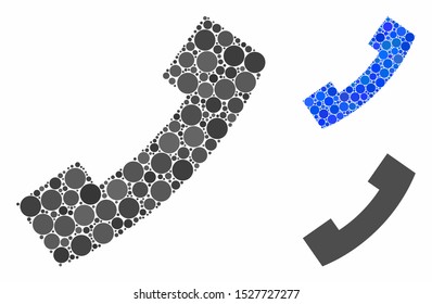 Phone mosaic of filled circles in different sizes and color tinges, based on phone icon. Vector filled circles are composed into blue mosaic. Dotted phone icon in usual and blue versions.