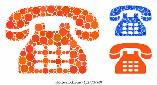 Phone mosaic of filled circles in various sizes and color tones, based on phone icon. Vector small circles are organized into blue mosaic. Dotted phone icon in usual and blue versions.