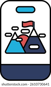 A phone with mountains and a flag on it. The flag is red and the mountains are blue