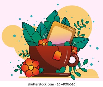 Phone in mug with leaves, branches and flowers. Brown, orange, green, red