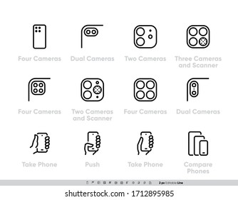 Phone Multi-camera Systems icons set. Ultra Wide, Wide, Telephoto Cameras, Scanner, AR, Lidar, Smartphone in Hand, Finger Push, Compare Phones with Dual, Thee, Four Lenses. Editable Outline vector on