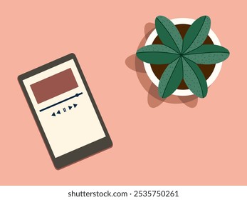 Phone with music player on and potted plant. Home interior. Vector illustration