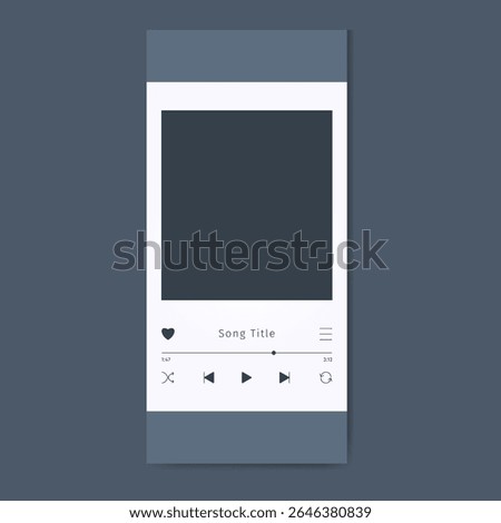 Phone Music Player UI template with play next button and song controls. Album art for Audio streaming app. Media device Interface mockup with empty place.