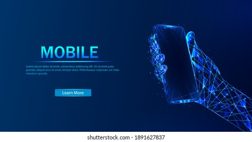 The phone in my hand. Abstract vector in futuristic polygonal style with wireframe, lowpoly triangles on a blue background.The device screen and the palm of  hand. Digital concept of gadgets.