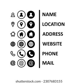 Teléfono, nombre, sitio web, dirección, ubicación y paquete de símbolos del logotipo del correo. Imagen de la ilustración del vector. Juego de iconos de la tarjeta comercial Conexión de empresa. Plantilla de diseño de contacto. 