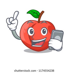 With phone nectarine with leaf isolated on cartoon