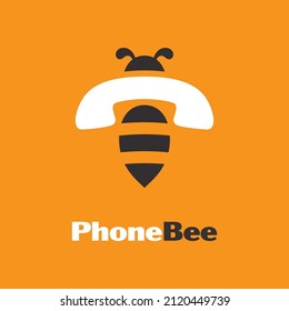 Phone Negative Space Bee Vector Abstract. Phone Bee Logo Template Design Vector. Abstract Orange Bee Symbol In Flat Style