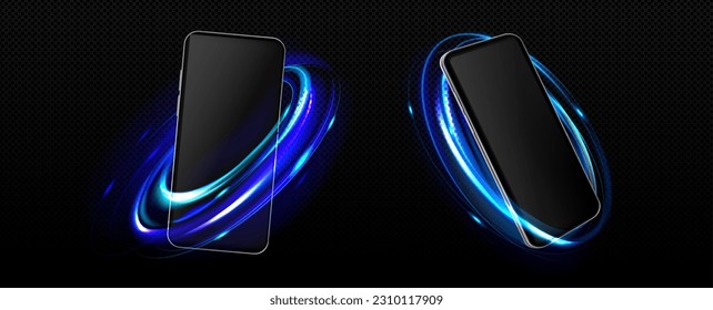 Teléfono con efecto de luz de neón. Combinación de smartphone con pantalla negra y trazos de bengalas abstractas, luz azul circular aislada sobre fondo transparente, conjunto de vector realista