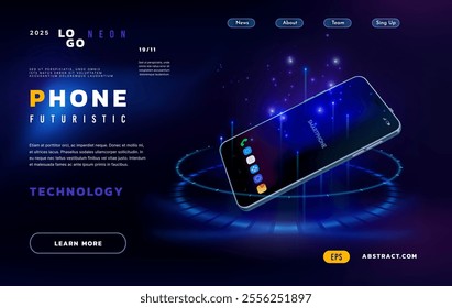 Phone in neon light. Smartphone landing page. 3D device mockup. Mobile app. Smart cell screen. UI display technology. Cellphone business background. Internet banner. Vector home page exact website