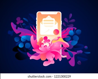 A phone with a newsletter icon on a tropical background. Flat trendy exotic plants and leaves. Vector illustration A phone with a newsletter icon on a tropical background. Flat trendy exotic plants and leaves. Vector illustration