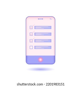 Phone With Note 3d Icon. Task Management Todo Check List With Mobile Phone. 3d Render Vector Illustration.