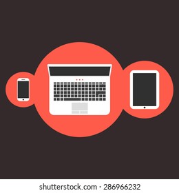 phone notebook and tablet in red circles. concept of networking, appliance, presentation, workstation, workplace. isolated on white background. flat style trend modern design vector illustration