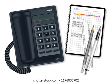 Phone and notes Vector realistic. Office desk mock up. 3d illustration top views