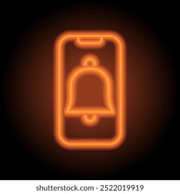 Phone notification, alarm simple icon vector. Flat design. Orange neon on black background.ai