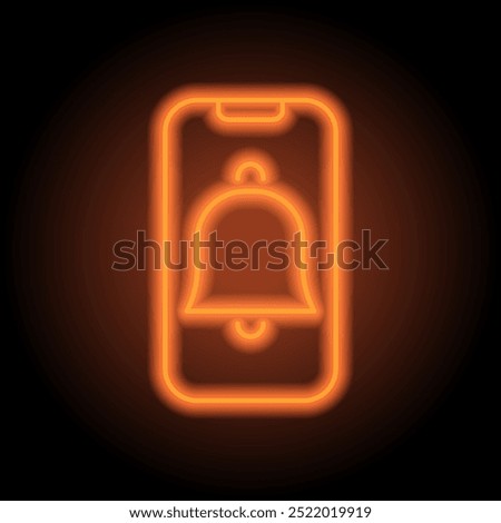 Phone notification, alarm simple icon vector. Flat design. Orange neon on black background.ai