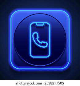 Phone notification with call simple icon vector. Flat design. Blue neon style on button. With shadow.ai