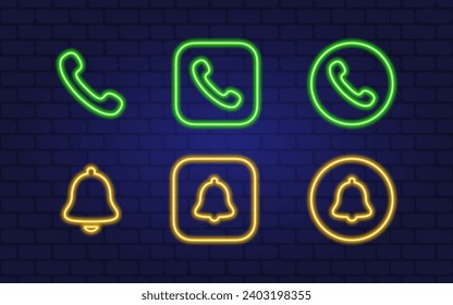 Phone and notification icons. Neon style. Notification bells. Vector illustration