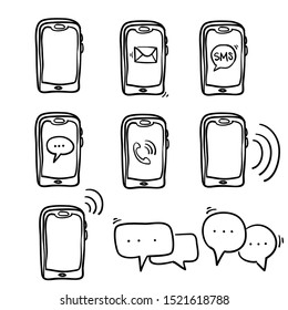 Phone notification  icons on white background, sms icon, cell phone, call phone, message, doodle illustration