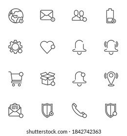 Phone notification line icons set, outline vector symbol collection, linear style pictogram pack. Signs, logo illustration. Set includes icons as alarm bell, battery charge, new message notice, email
