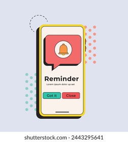 Phone notification in retro style. Alert message mobile notification. Hand holding smartphone with exclamation sign, virus notification on phone screen vector concept
