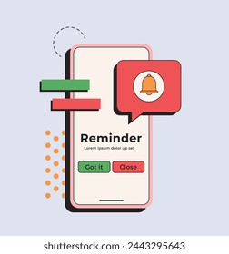 Notificación telefónica en estilo retro. Mensaje de alerta de notificación móvil. Mano sosteniendo el teléfono inteligente con signo de exclamación, notificación de virus en el concepto de vector de pantalla del teléfono