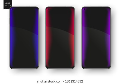 Phone notification screens. Always on display notification splashes at left and right borders of the cellphone. Realistic high detailed Phone mockup isolated on white